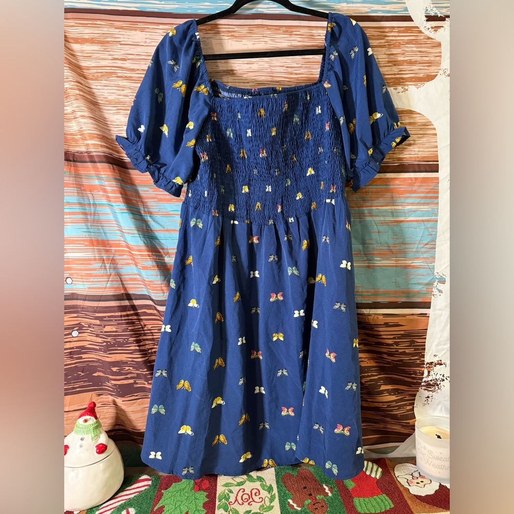 Blue Dress with Butterfly Pattern - smocked top - Size 3XL